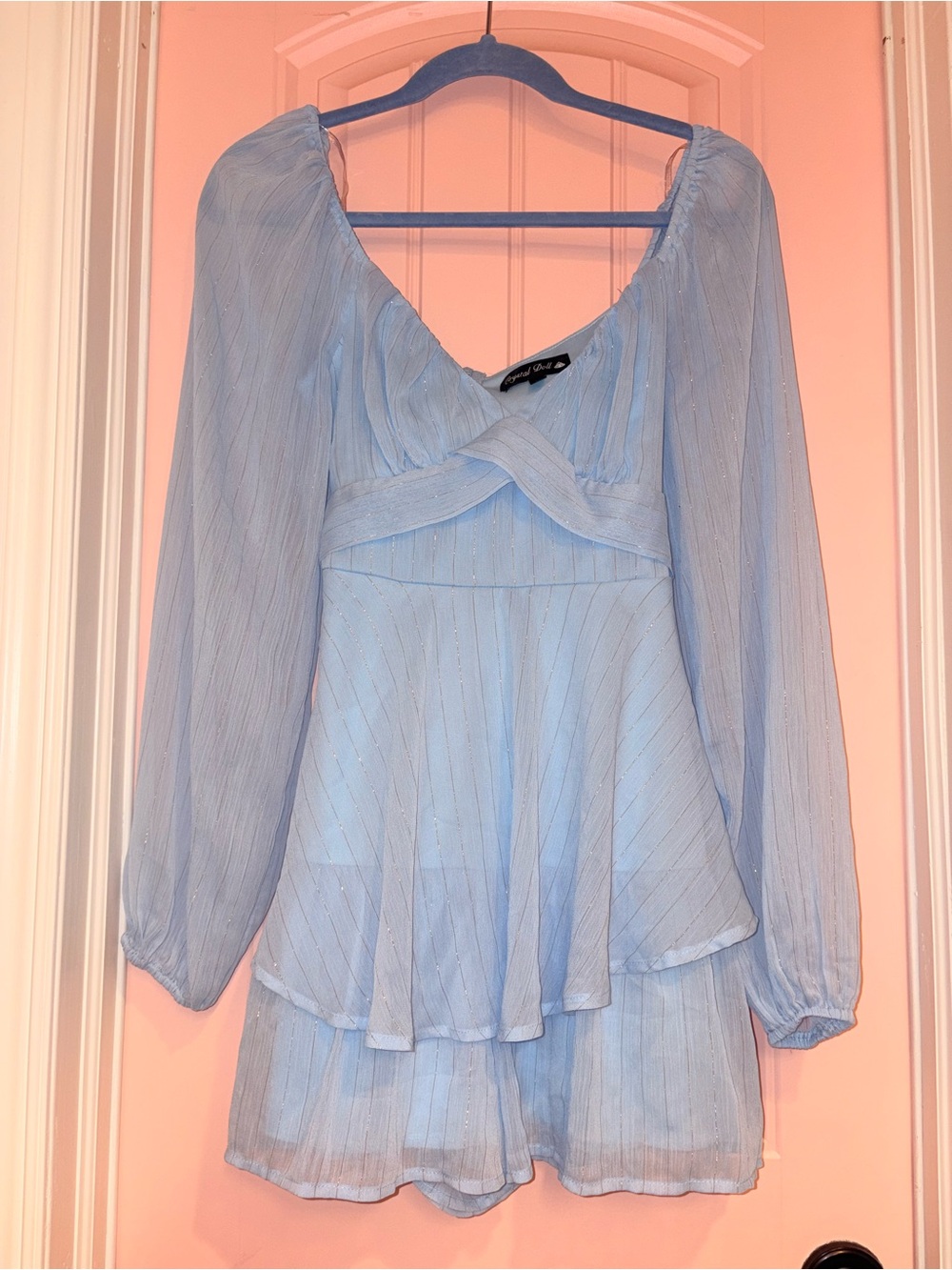 Crystal Doll Light Blue Shimmer V-Neck Long Sleeve Romper with Metallic Stripes